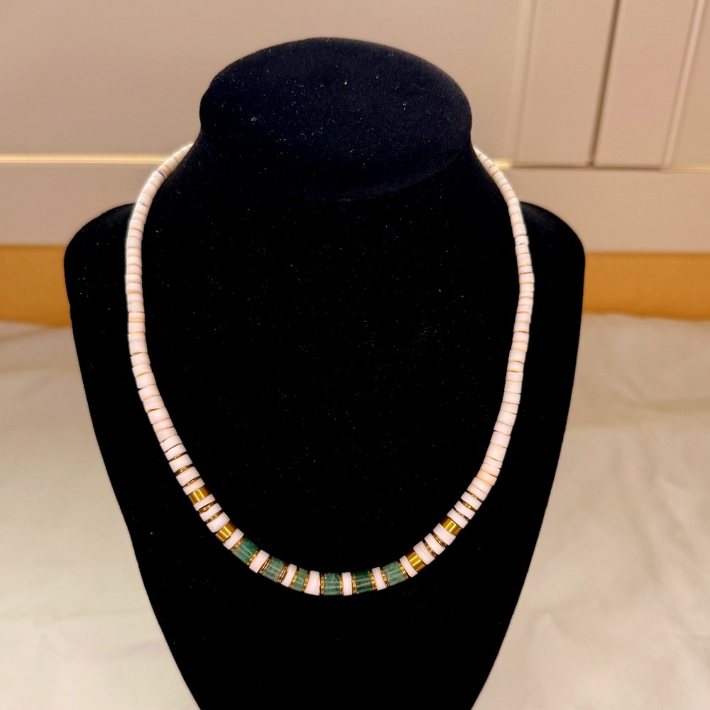 Vintage Heishe Aventurine and Quartz stone and brass necklace 17.5 inches